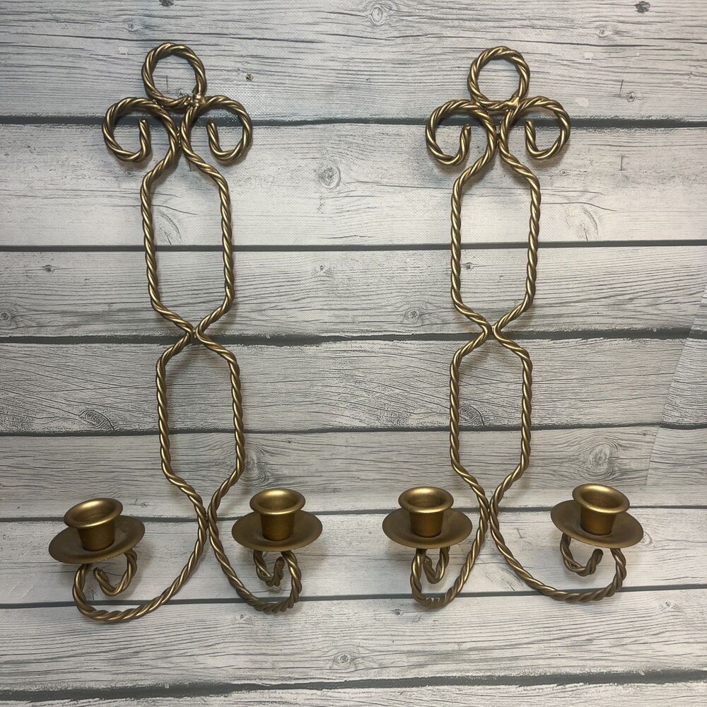 2 Vintage Wall Sconce Metal Gold Tone Twisted Rope Candle Holder